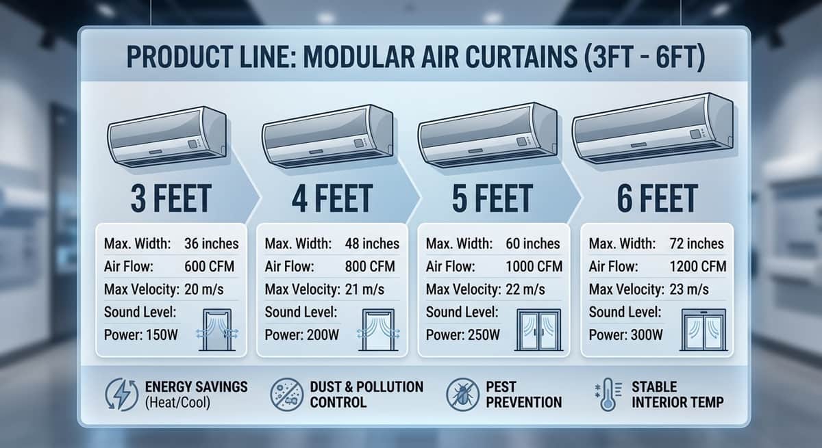 3 Feet, 4 Feet, 5 Feet & 6 Feet Air Curtains: Door Width & CFM Sizing Guide in Bangladesh